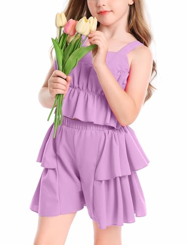 Image of Cute Toddler Girls Two Piece Short Sets Ruffle Sleeveless Top and Elastic Waistband Short Sets