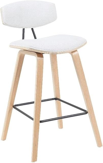 Armen Living White Upholstered Fox Modern Bar Height Stool with Patterned Oak Wood Frame