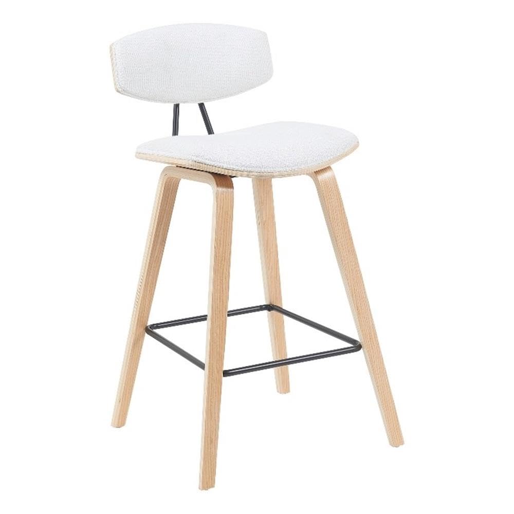 Armen Living Fox Modern Bar Height Stool with White Upholstered Seat and Patterned Oak Wood Frame