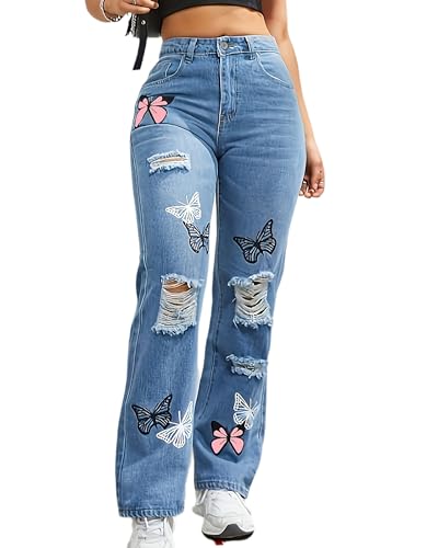 High Waisted Straight Leg Jeans for Women Trendy Butterfly Print Ripped Distressed Denim Pants4