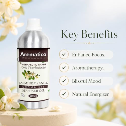 Image of AROMATICO Jasmine Orange Diffuser Oil with Strong, Long-Lasting Aroma | Premium Aroma Oil for Homes, Offices & Showrooms Aromatherapy, Diffusers, Air Purifiers, Vaporizers - 500 ml