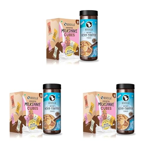 Image of Bevzilla 200g Instant Iced Coffee Powder | Perfect Cold Coffee + 10 Assorted Milkshake Cubes (Hazelnut Chocolate, Strawberry, Creamy Vanilla, Butterscotch) | Hot & Cold Beverage Combo (Pack of 3)