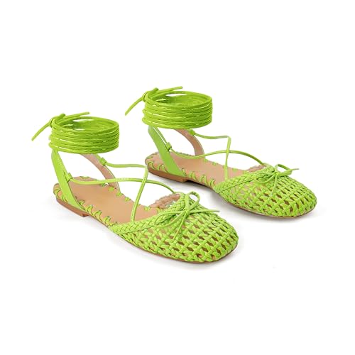 Image of Woven Ballet Flats for Women Lace Up Closed Square Toe Summer Sandals Dressy Shoes