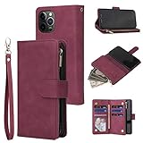 RANYOK Wallet Case Compatible with iPhone 12 Pro Max (6.7 inch), Premium PU Leather Zipper Flip Folio Wallet with Wrist Strap Magnetic Closure Built-in Kickstand Protective Case - Wine Red