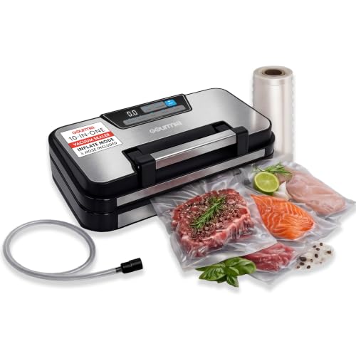 Image of Gourmia Vacuum Sealer - 10-in-1 Food Sealer with Inflate Function, Built-In Cutter & Roll Storage, Inflate, Seal, Dry /Moist Modes, Gentle & Normal Pressure, BPA-Free Bags