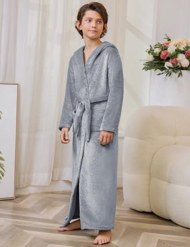Image of Jxstar Girls Bathrobes Kids Long Hooded Robes Plush Full Length Coral Fleece Pajamas Sleepwear