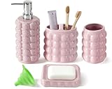 Keramik Badezimmer-Accessoires Set 4-teilig,Seifenspender Zahnbürstenhalter Becher Seifenschale,Bad Accessoires Set mit Kieselstein-Struktur,Modernes Waschbecken Waschtisch Badezimmer (Rosa)