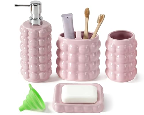 Keramik Badezimmer-Accessoires Set 4-teilig,Seifenspender Zahnbürstenhalter Becher Seifenschale,Bad Accessoires Set mit Kieselstein-Struktur,Modernes Waschbecken Waschtisch Badezimmer (Rosa)