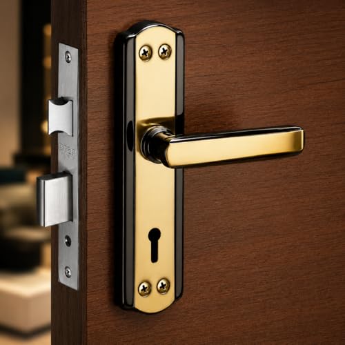 Image of SARDAR Black & Gold 7 Inch Iron Mortise Door Handle Lock Set for Main Door & Bedroom | Heavy Duty Premium Complete Fitting Set | DatsunBGold