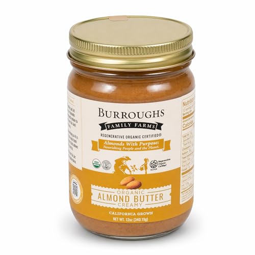 Burroughs Family Farms USDA Organic Creamy Almond Butter, 12 oz – No Palm Oil, No Sugar Added, Regenerative Organic Certified, Dairy-Free, Glass Jar