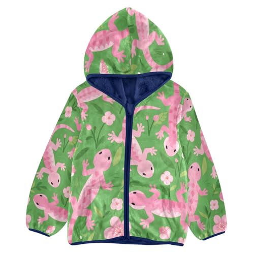 Pink Lizards on Green Background Toddler Fleece Jacket Girl Boys Hooded Fleece Jacket Coat Warm Outwear Zip-up 3-10T