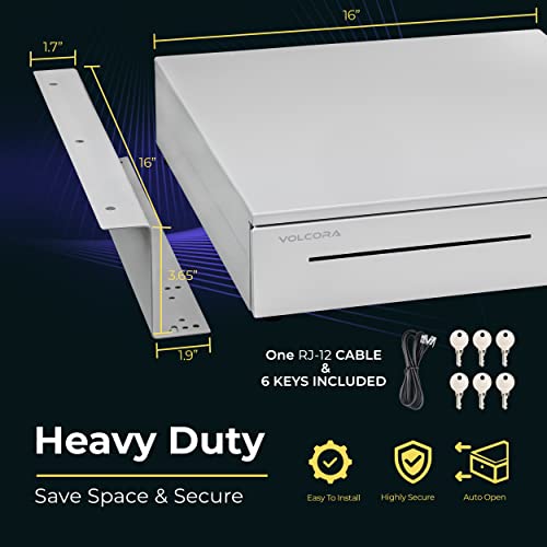 Cash Register Drawer With Under Counter Mounting Metal Bracket - 16” White Cash Drawer For Pos, 5 Bill 6 Coin Cash Tray, Removable Coin Compartment, 24V Rj11/Rj12 Key-Lock, Media Slot - For Business #TOP1