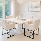 HNY Mid Century Modern Upholstered Dining Chairs with Arms Set of 4, Linen Accent with Black Finish Metal Frame, 19'' Wide for Living Room Kitchen Bedroom, Cream, Cream-linen-black Frame