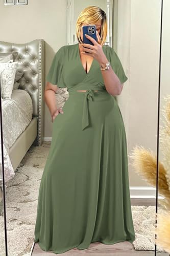 Image of Plus Size Women's 2 Piece Outfits Casual Short Ruffle Sleeve Wrap Crop Top Maxi Long Dress Flowy Matching Sets