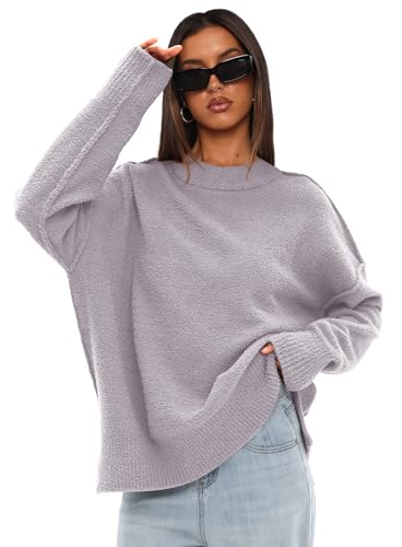 Image of Darong Women Oversized Fuzzy Knit Sweater Long Sleeve Crew Neck Side Slit Pullover Sweaters Fall Winter Tops