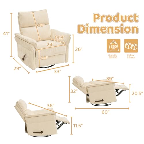 Image of Swivel Rocker Recliner with Adjustable Headrest,Upholstered Glider Rocker Recliner with Overstuffed Armrest,Manual Recliner Nursery Chair for Living Room,Beige