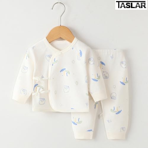Image of TASLAR Cute Bear Cartoon Two Piece Clothes Set Cotton Long Sleeve Open Front Outfits Room Wear, Sleepwear, Soft Pajamas Top for Unisex Baby Boys Girls