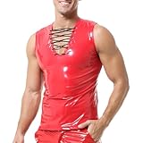 Herren Kunstlederweste Ärmelloses Shirt Wet Look Kordelzug V Hals Unterhemd Clubwear