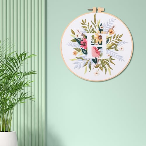 Image of IUHUI Embroidery Kit for Beginners Adults - 26 Floral Letters Easy Patterns, DIY Hand Stitching Embroidery Set with Hoop (Flower and Grass Letter H)