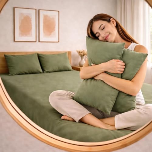 Image of THE HOME STYLE Solid Plain Cotton Feel Fitted Bedsheet King Size (72x78 inches) | 2 Pillow Covers | 300 TC | Elastic Fit | Fits Upto 8 Inch Mattress (Olive Green)