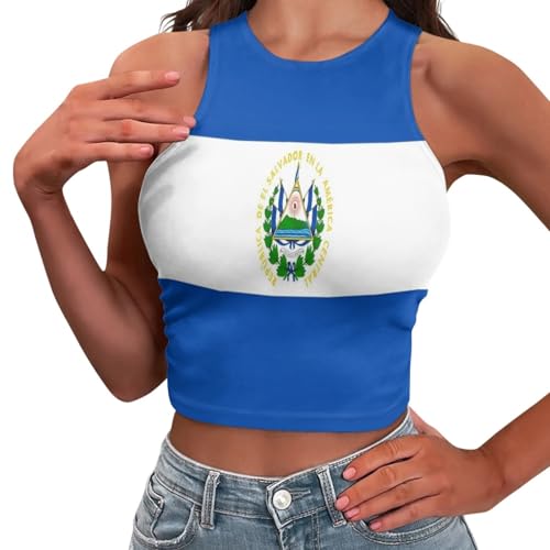EL Salvador Country Flag Summer Slim Render Short Sexy Women Sleeveless Skinny Crop Top Tank Tops Crop Vest (US, Alpha, Medium, Regular, Regular, EL Salvador)