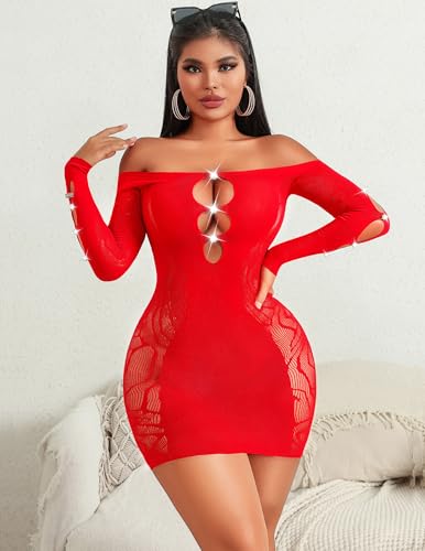 Avidlove Womens Fishnet Lingerie Sexy Bodycon Mini Dress Mesh Cut Out Babydoll Chemise Stripper Outfits Red thumb #6