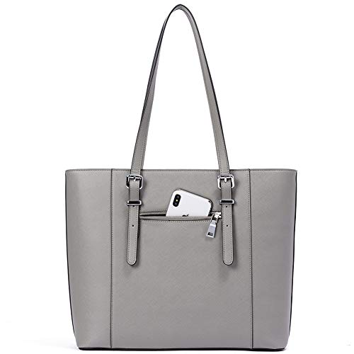 Bromen Leather Laptop Bag For Women 15.6 Inch Computer Office Briefcase Handbag Shoulder Work Tote With Padded Compartment Grey #TOP1
