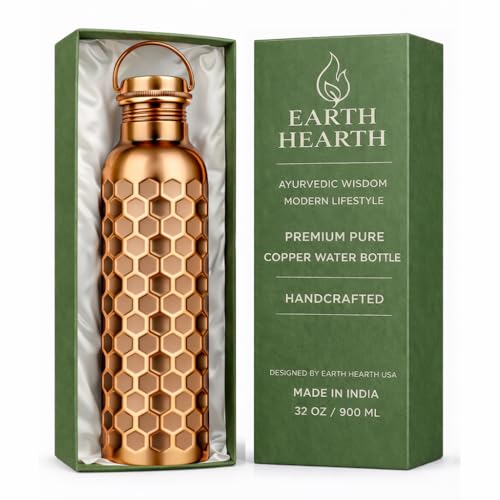 Earth Hearth Premium Pure Copper Water Bottle 32oz Honeycomb Design Leak-Proof Ayurvedic Drinking Bottle Handcrafted Eco-Friendly