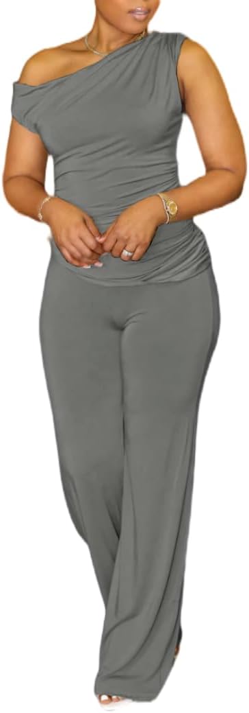 HBQ Women's Summer 2 Piece Outfits Casual Tracksuit One Shoulder Asymmetrical Short Sleeve Wide Leg Long Pant Lounge Sets