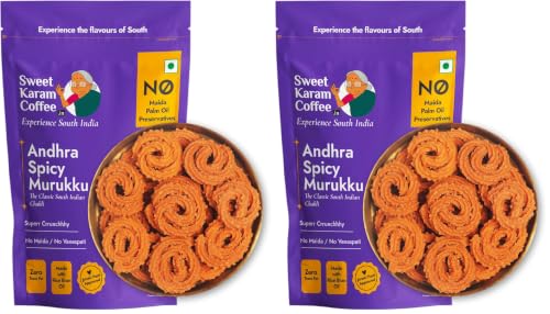 Image of Sweet Karam Coffee Andhra Spicy Murukku - 95grams | No Palm Oil or Preservatives | South Indian Chakli Snack | Crispy & Spicy Tea-Time Namkeen | Festive Special | Homemade Crunchy Treat (Pack of 2)