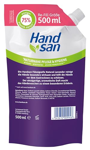 Hand san Flüssigseife Natural Lavender im Nachfüllbeutel | mit natürlichem Lavendelöl | Händewaschen & Gesichtsreinigung | Rezeptur ohne Mikroplastik | pH-hautneutral & vegan | 500ml