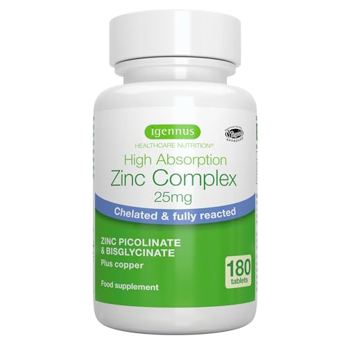 Igennus Zinc Picolinato y Bisglicinato Quelado 25 mg, 180 comprimidos, Suplemento de Zinc de Alta Absorción con Cobre, Salud Inmunológica y Celular, Piel, Cabello y Uñas, 6 Meses de Suministro