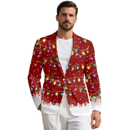 Tupalatus Christmas Prints Men's Blazer Breathe Fabric Smooth Men's One Button Suit Jacket Polyester Fabrics Comfortable -XL Suitable for Dances，Parties,and Gather