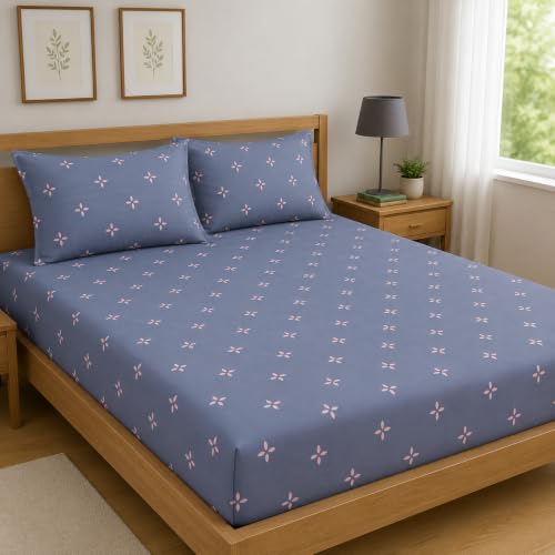 Image of Premium Cotton Fitted Bedsheet King Size 78 x 72 x 8 Inches with 2 Pillow Covers | 220 TC | All-Around Elastic Deep Pocket Bed Cover | Slate Blue Blush Mini Floral