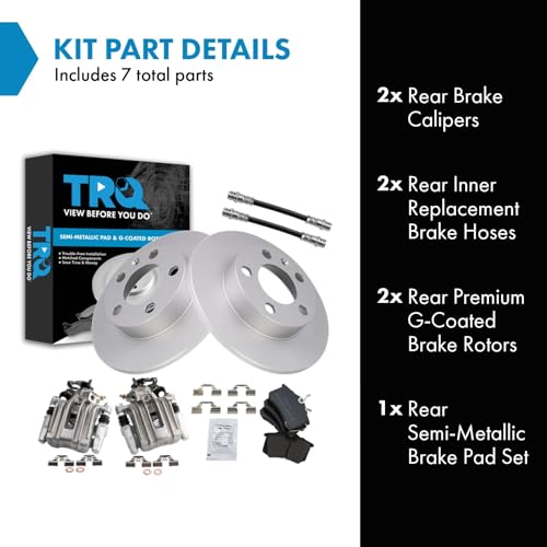 Image of TRQ Rear Brake Pad and Rotor Set Semi Metallic G Coated Rotors Calipers Compatible with 2007-2010 Volkswagen Beetle 1999 Golf