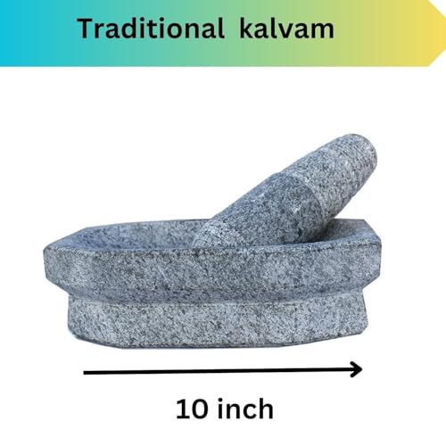 Subaa Kalvam Stone Mortar and Pestle Set Masher Khalbatta Kharal Musal for Kitchen Home Herbs and Spices - 12 Inch Grey
