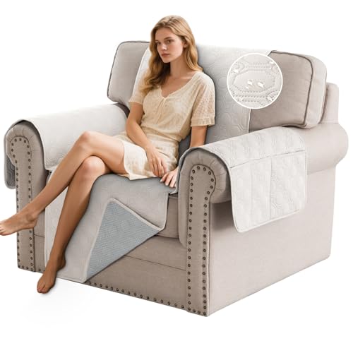 Funda para Sofa 100% Impermeable 1 2 3 4 Plazas, Antideslizante con Correas Elásticas Protector para Sofá Acolchado Reversible para Mascotas Perros Gatos (Beige,1 Plaza)