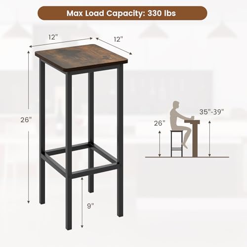 Image of COSTWAY Industrial Bar Stools Set of 4, 26 inch Backless Square Breakfast Bar Chairs with Metal Frame and Footrest, Counter Height Stools for Kitchen Island Dining Room Living Room, Rustic Brown