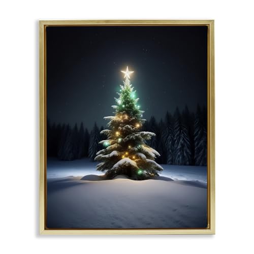 Snowy Tree Holiday Night Landscape, 25 x 31 Inch Canvas in Floater Frame
