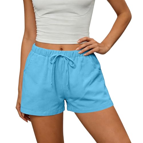 SZJXBUY Active Shorts for Women Cotton Linen Shorts for Women Summer Casual Short Higth Waist Drawstring Loose Fit Lounge Bermuda with Pockets Light Blue