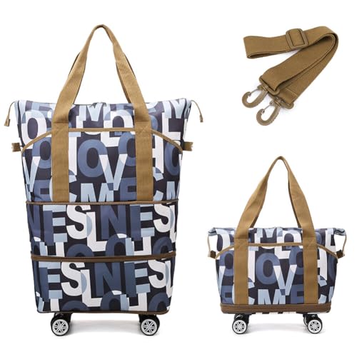 Rolling Duffle Bag Expandable Travel Bag with Detachable Wheels Letter Pattern Foldable Carry On Bag Wheeled Weekend Bag, 517HTY59KU13O