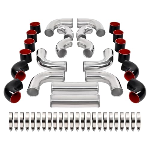 KUAFU 12 Pcs Universal 3 Aluminium Turbo Intercooler Piping & Silicone Coupler & Stainless Steel Clamp Kit Polished