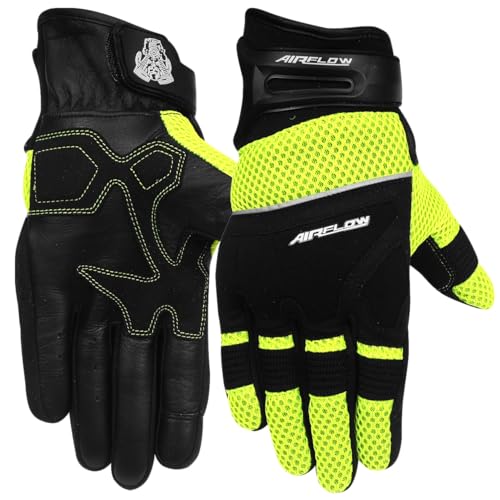 Airflow II Premium Mesh and Textile Motorcycle Gloves - Breathable Comfort with Leather Palm (Hi-Viz, X-Large)