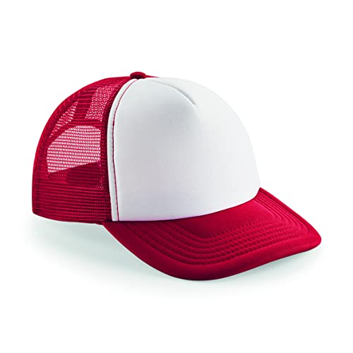 Image of Beechfield Vintage Plain Snap-Back Trucker Cap - Classic Retro Style Hat Red/White