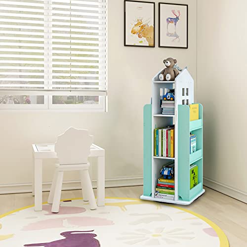 Mopam 360° Rotating House Bookshelf 3-Tier Floor Standing Revolving House Bookcase Book Storage Shelf Organizer For Home Office Decor, Blue #TOP3