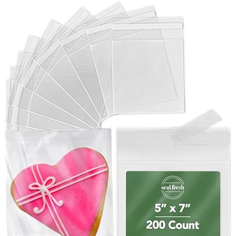 Seal Fresh Cellophane Bags – 5" x 7" (200 Count) – Clear Plastic Resealable Self Sealing Cellophane Bag – Cellophane Treat Bags, Cookie Bags for Packaging, Candy Bags, Cello Bags, Pastry Bags Cover