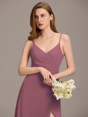 Image of Ever-Pretty Women's Summer Backless Spaghetti Straps Bridesmaid Dresses Chiffon V-Neck Slit Long Formal Wedding Guest Dress