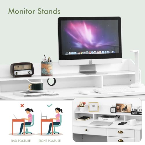 Catrimown Computer Desk with Drawers and Hutch, 47 Inch Home Office Desk with File Drawers, Student Girls Desks, Teens Writing Table with Hutch, Small Desk with Drawer for Bedroom, White - Thumbnail 6