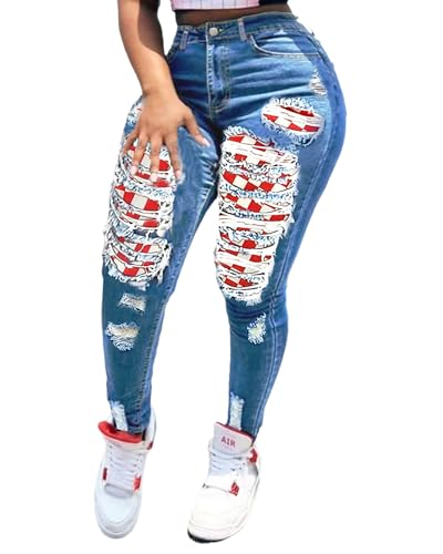 Women's Ripped Plaid Patchwork Stretchy Skinny Jeans High Waisted Slim Curvy Denim Pants2