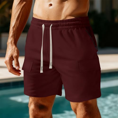 Image of Mens Casual Cargo Shorts Outdoor Elastic Waist Drawstring Sweat Shorts Breathable Gym Workout Jogger Shorts Summer